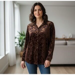 ACOA Y2K Velvet Burnout Blouse Brown Floral Button Front Long Sleeve‎ L